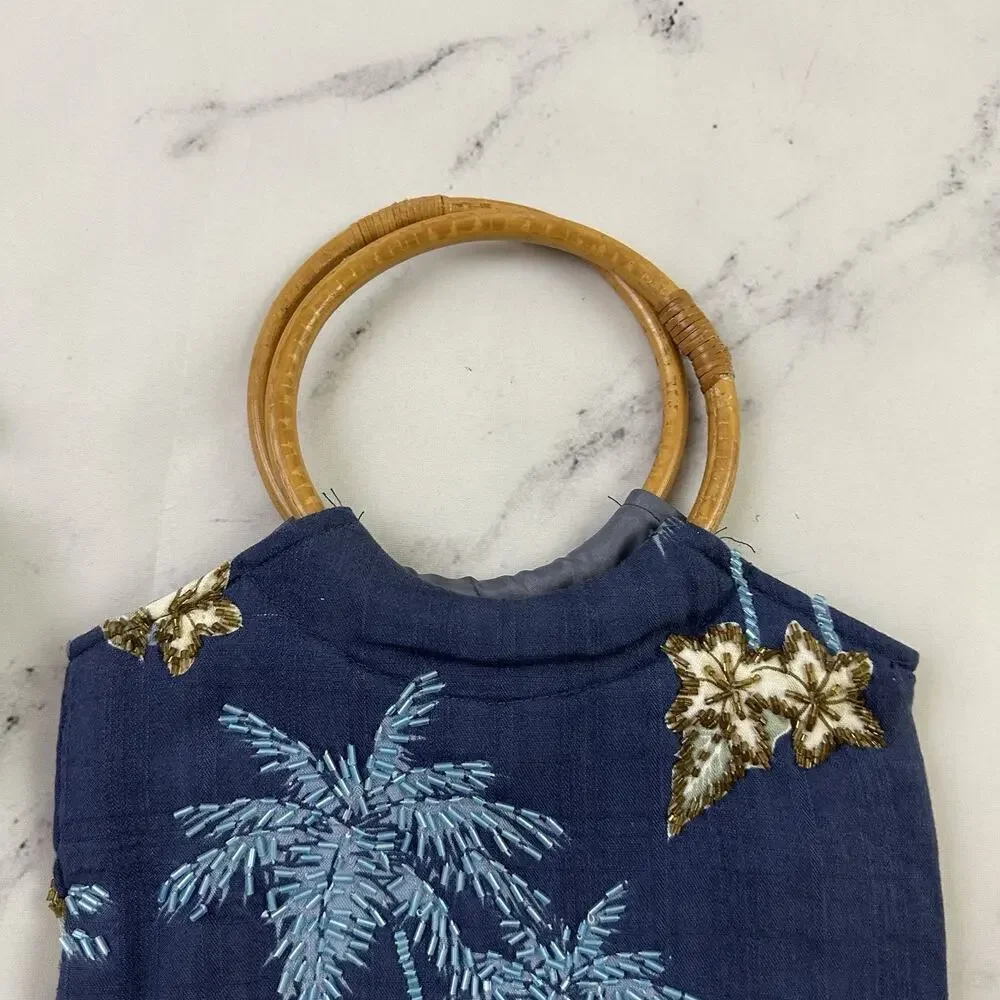 Vintage Y2k Beaded Hawaiian Floral Purse Bag New Blue White Tropical Boho